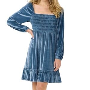 LC Lauren Conrad Smocked Flounce-Hem Blue Velvet Dress Size PM